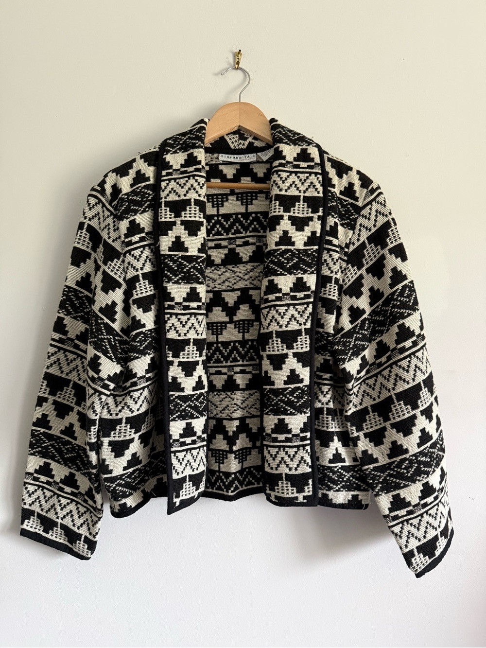 Vintage Black & White Aztec Geometric Open Cardigan Sweater